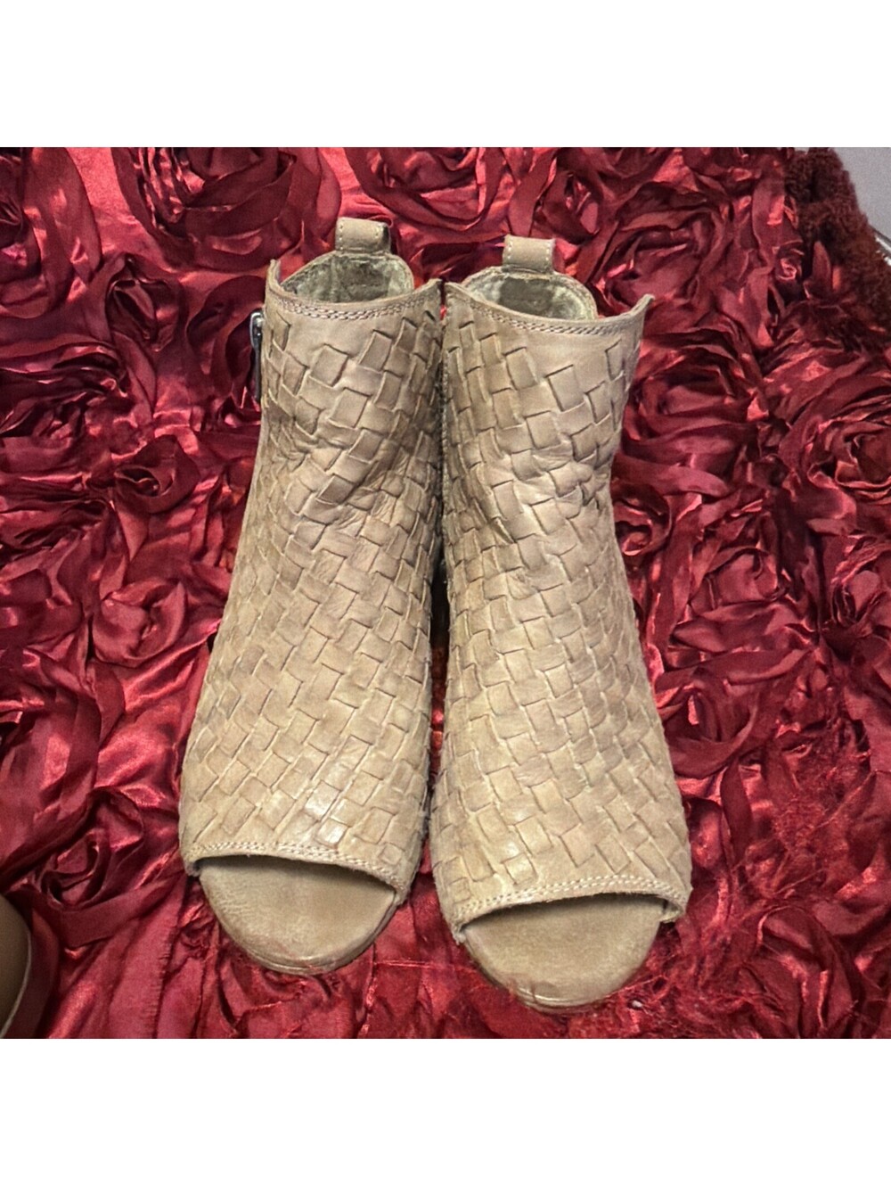 Naughty Monkey Woven Peep Toe Ankle Booties Tan Leather Size 6.5M Boho Cacey